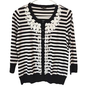 Talbots Black White Striped Cardigan with Floral Sequins Medium Petite